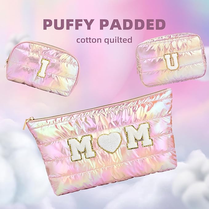 Hiroyuki 3pcs Iridescent Quilted Makeup Bag (ILOVEUMOM, pink)