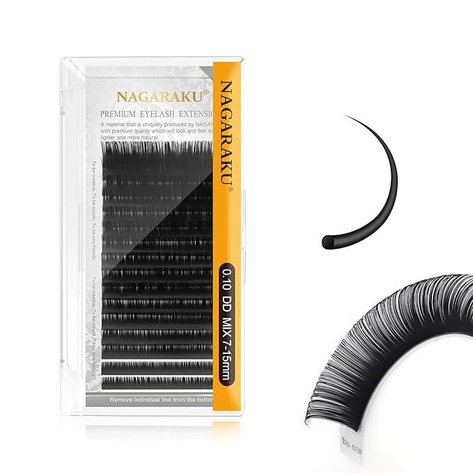 NAGARAKU Eyelash Extensions Individual Lashes 0.10 DD curl 7-15mm Mix Tray Classic Matte Black Soft Natural Faux Mink 16 rows