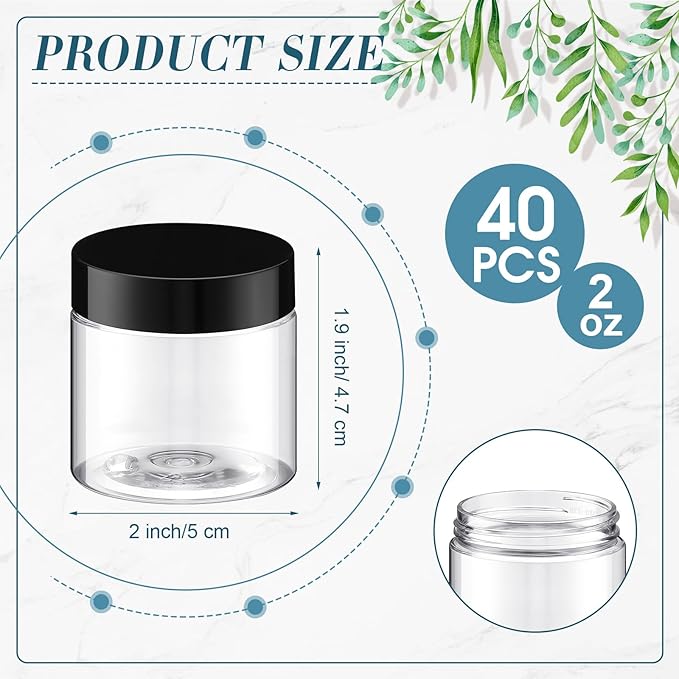 Tanlade 40 Pcs 2 oz Plastic Jars with Lids Round Clear Cosmetic Containers Refillable Container Jars for Lotion, Cream, Ointments, Makeup, Eye Shadow, Rhinestone, Samples, Powder, Beauty Products