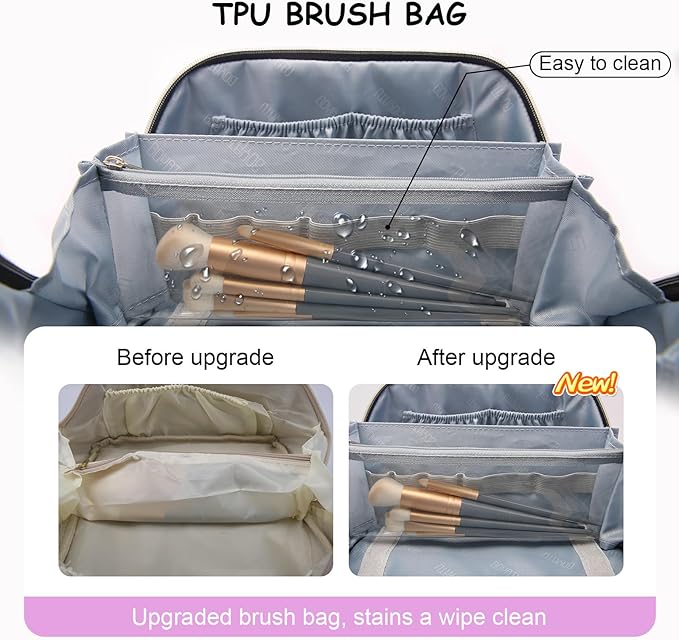 BOYATU Travel Makeup Bag Organizer Cosmetic Bag: 3 Pcs Set Make up Bags for Women with Handle - Waterproof Vegan Leather Toiletry Bags with Comparments (Purple)