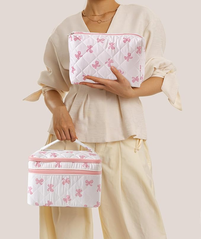 HBselect 2Pcs Travel Makeup Bag, Large Cotton Quilted Makeup Bag Cosmetic Bag Cute Make up Bag Toiletry Bags for Women Girls