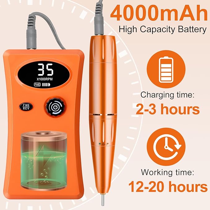 Electric Nail Drill, Urbuti 35000RPM Professional Nail Drill Machine, Portable Rechargeable File Machine Set for Acrylic Gel Nails, Manicure Pedicure Tools for Home and Salon Use(Orange)