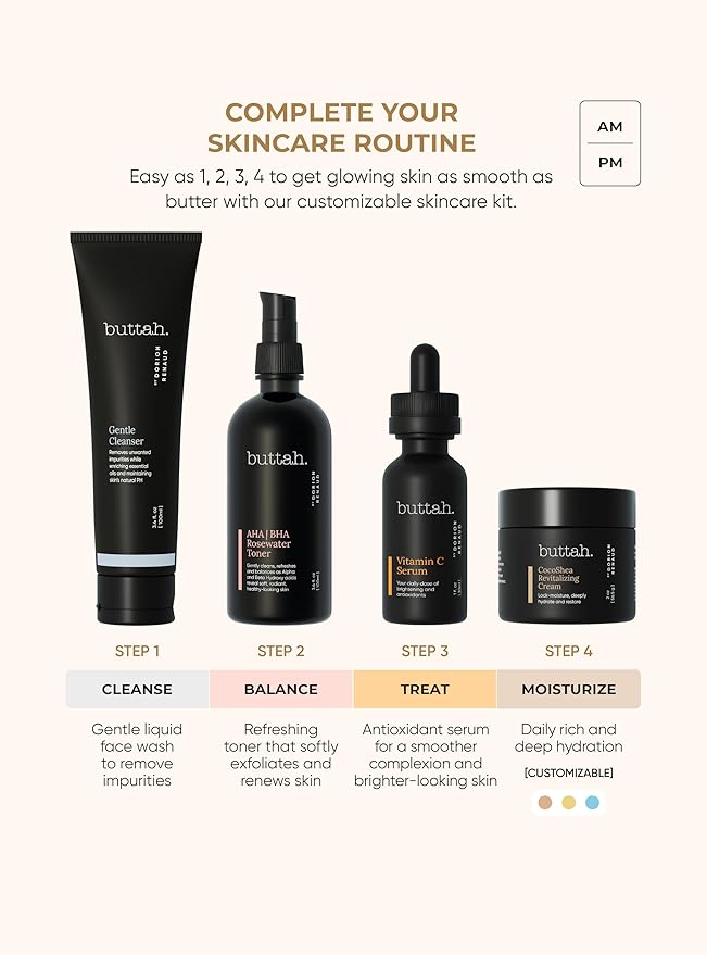 Buttah Skin Supreme Kit for Melanin Rich Skin | CocoShea Revitalizing Cream 2 oz | Vitamin C Serum 1 oz | Cleanser 3.4 oz | Rosewater Toner 3.4 oz | Black Owned Skincare