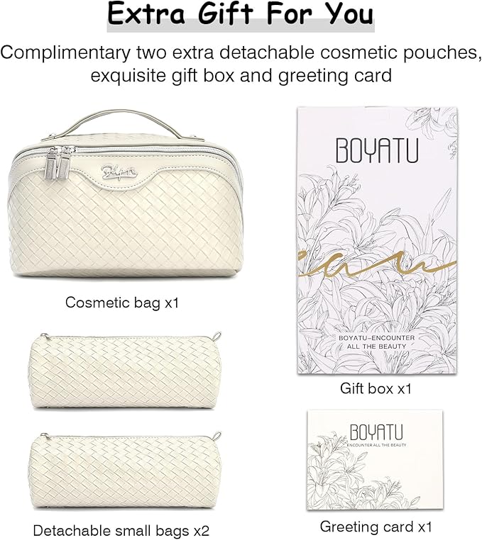 BOYATU Travel Makeup Bags for Women: Large Cosmetic Bag - Vegan Leather Make up Bags Set of 3 - Protable Toiletry Bag Compact Organizer with Compartments (L12 Beige)