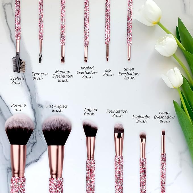 Makeup Brushes Bling Crystal Professional Face Cosmetics Blending Liquid Foundation Powder Concealer Eye Shadows Make Up Beauty Tool Glitter with Pouch Bag Kit Purely Handmade (12PCS) (Pink)