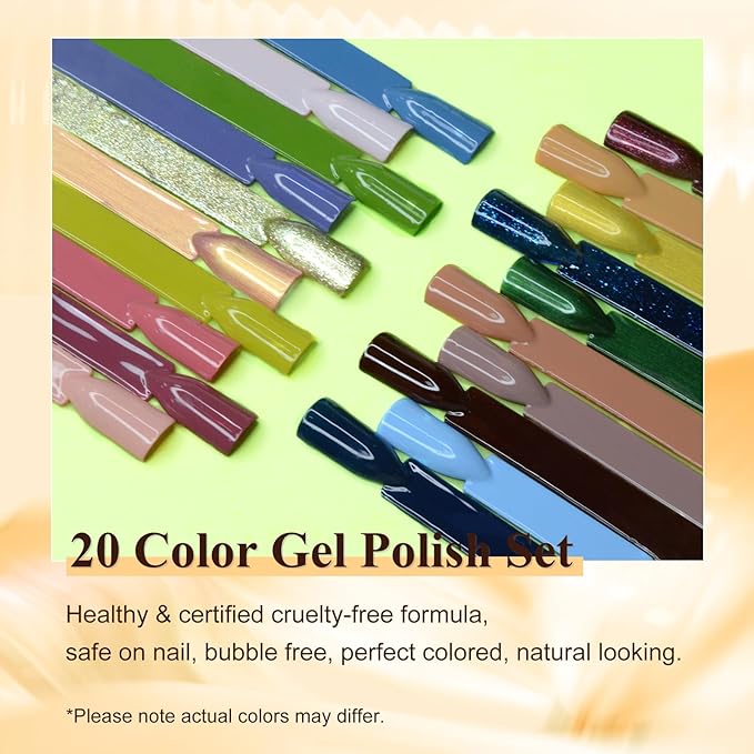 Gel Polish Nail Set 20 Colors with 3Pcs Glossy & Matte Top Coat and Base Coat, Green Purple Pink Nude Sparkle Glitters Colorful Gel Polish Set For Valentine's Gifts