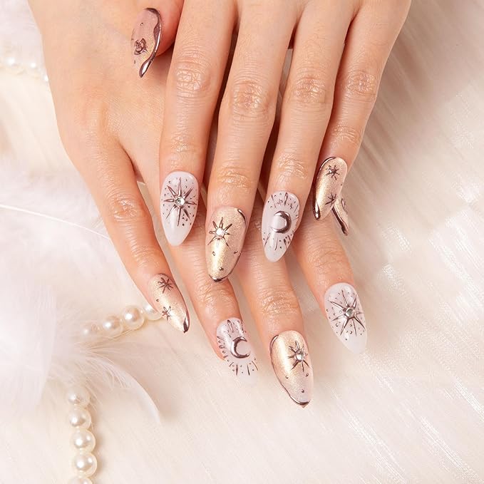 Press on Nails Gilded Sunset | Handmade with Full Covered Crystals | Reusable Fake Nails | Almond Regular 1.0 in | H298-M