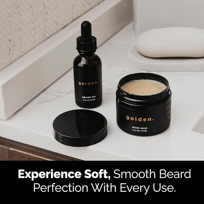 Golden Grooming Beard Oil & Balm Bundle for Men | Natural Growth Kit with Shea Butter | 2-Sets of 2oz Balm & 1oz Oil | Fresh Scent