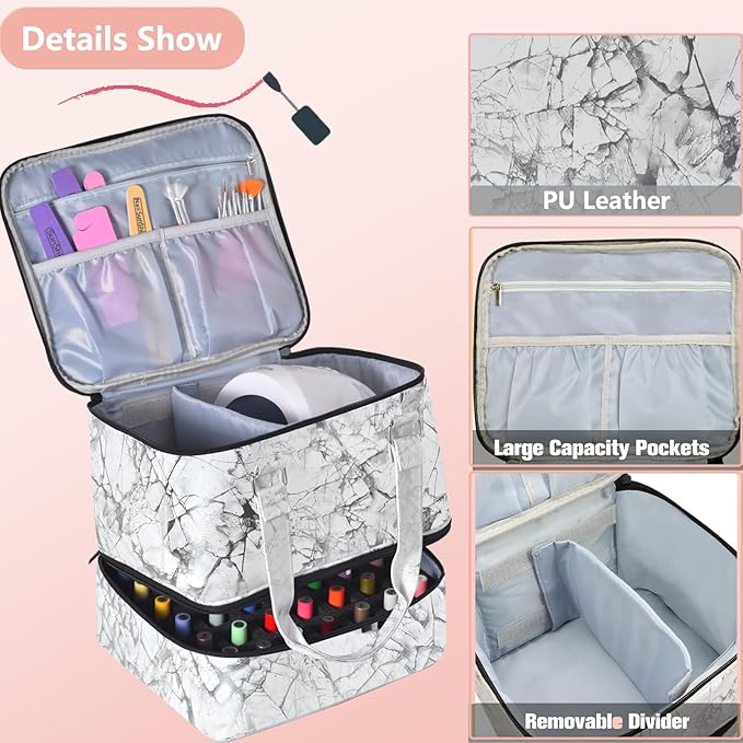 Nail Polish Organizer Case Holds 42+ Bottles(15ml/0.5 fl.oz) & Nail Lamp, Double-Layer Nail Polish Storage Organizer Case with Handle, Nail Kit Organizer and Storage Box for Nail Tech (WHITE)