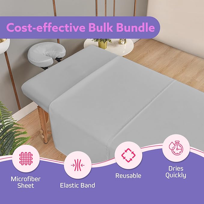 Massage Table Sheets Sets – 4 Set Bundle, 120GSM Double Brushed Microfiber, Premium Massage Sheets Sets, Spa Bed Sheets for Esthetician, Wrinkle & Oil Resistant, Light Gray