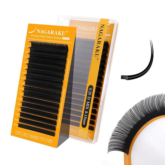 NAGARAKU Flat Ellipse Eyelash Extensions, 5TH GEN AIR SERIES Double Tips Lashes Lighter Thinner Flat Split Tips Individual Lash Matte Black Classic False Eyelashes 16 Rows -0.20 D Curl 8-15mm Mix