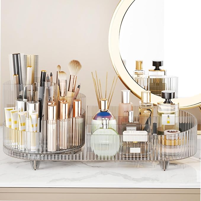Rotating Makeup Organizer for Vanity with Brush Holder, Cosmetic Makeup Storage Organizer, Large Spinning Makeup Skincare Organizer, Countertop Makeup Perfume, Lotions Display Case (Transparent)