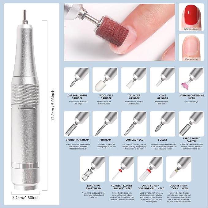 LimeGirl Electric Nail Drill Professional for Acrylic Nail Kit, Portable Electric Manicure Pedicure Polishing Set with 13 in 1 Nail Drill Bits Kit, 2024 Upgraded Electric Nail File 45000RPM (White)