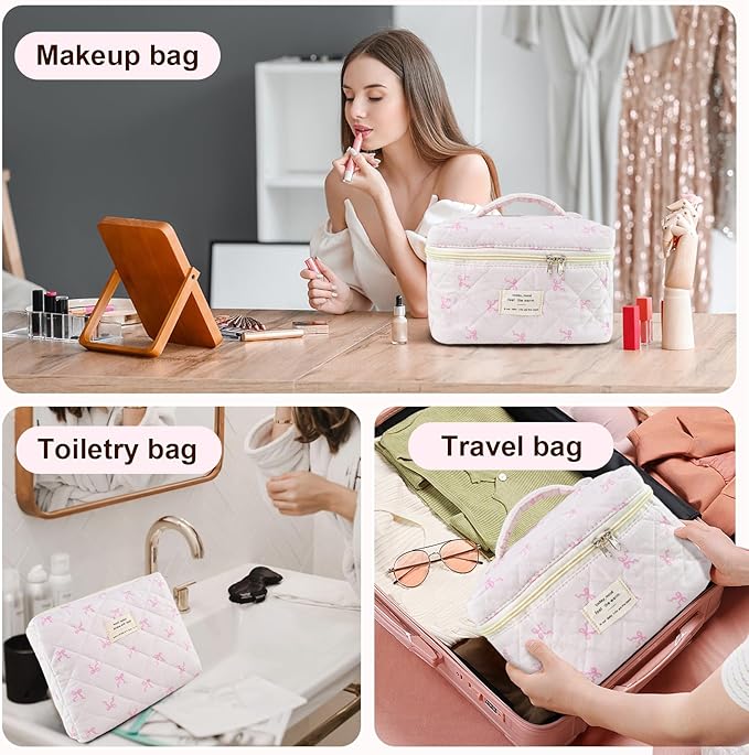 3Pcs Makeup Bag Cotton Quilted Travel Cosmetic Bag Cute Floral Makeup Pouch Large Toiletry Bag for Women Girls (Bow-Pink2)