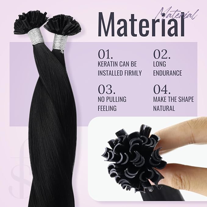 Fshine Nail Tip Hair Extensions Human Hair Jet Black 16 Inch Pre Bonded U Tip Remy Human Hair Extensions Color 1 Black Keratin Bond Real Hair Extensions Hot Fusion 50g/set 1g/s