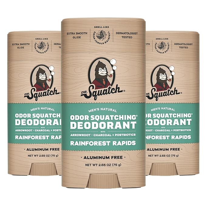 Dr. Squatch Natural Deodorant for Men - Odor-Squatching Aluminum Free - Rainforest Rapids (2.65 oz, 3-Pack)