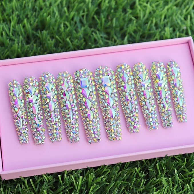 3D Extra Long Tips Acrylic Eternal Stunning Handmade with Full Covered Crystals Press On Nails,Salon False Nails with Design Nail Art Gifts for Women and Girls,Reusable Stick On Nails 10Pc,Size M