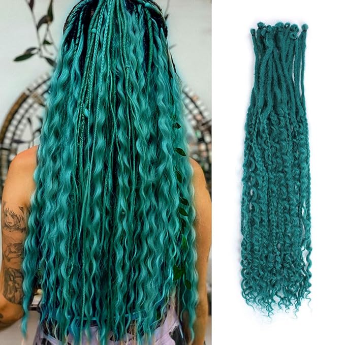 24 In 30 Strands Boho Braid Dreadlock Extensions, Castleton Green Synthetic Curly Dreads Extensions with Box Braid, 100% Handmade Dreads Hippie Style Dreadlocks for Woman