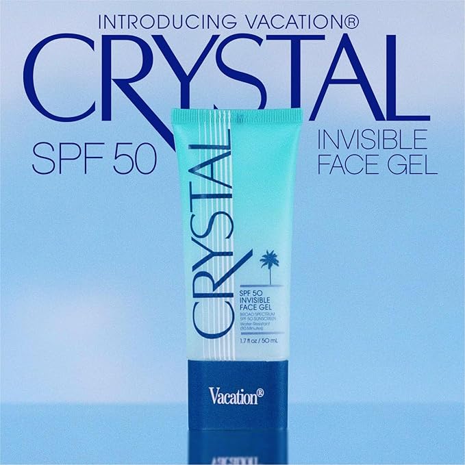 Vacation Crystal SPF 50 Face Gel, Clear Sunscreen, Hydrating & Nourishing, Water-Resistant, Fragrance-Free, Travel Size, 1.7 Fl. Oz.