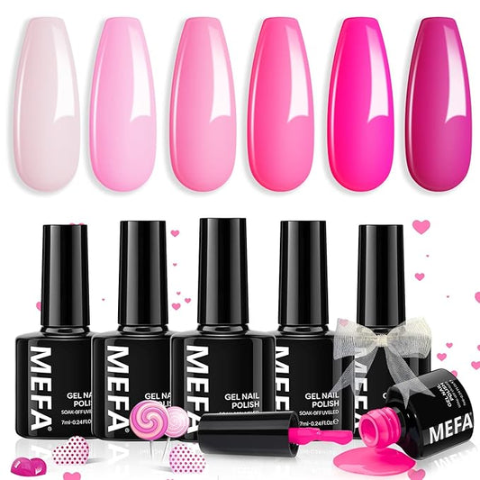 MEFA Pink Gel Nail Polish Set 6 Colors, Hot Pink Shades Spring Neon Light Bright Magenta Electric Tones Craze Nail Art Design at Home DIY Decorations Manicure Kit Gifts for Women