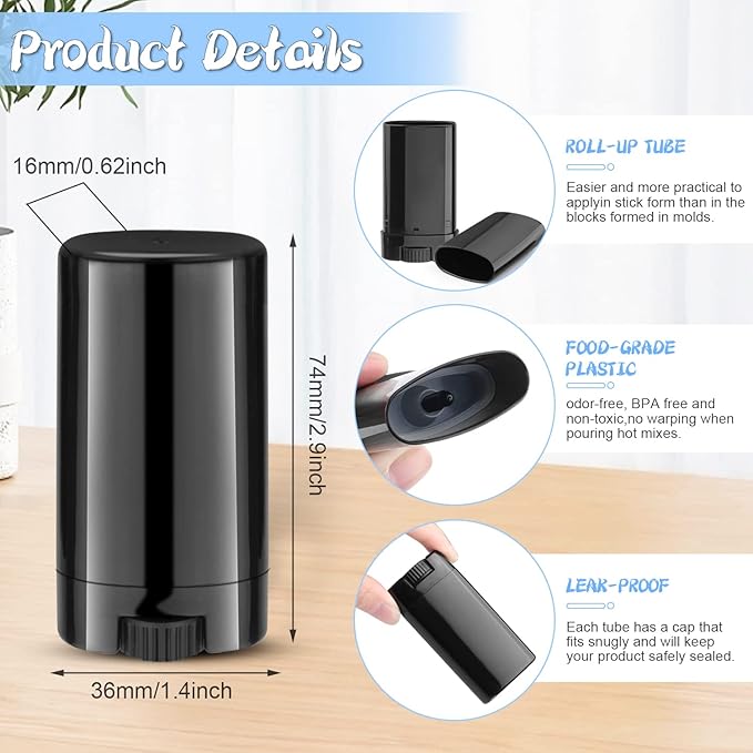 50 Pack 0.5 oz/15ml Black Sample Deodorant Container,Empty Oval Twist-Up Plastic Tubes Containers for Chapstick,Large Lip Balm,Lotion Bar Sticks,Perfume Solid Lotion,Homemade Salve,Pocket Deodarant