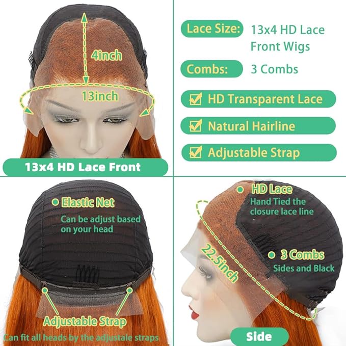 Azkiu Ginger Orange Lace Front Wigs Human Hair Colored Straight Lace Front Wig 13x4 Hd Frontal Wigs Human Hair Pre Plucked With Baby Hair Ginger Wig Lace Front for Women 150% Density 14Inch