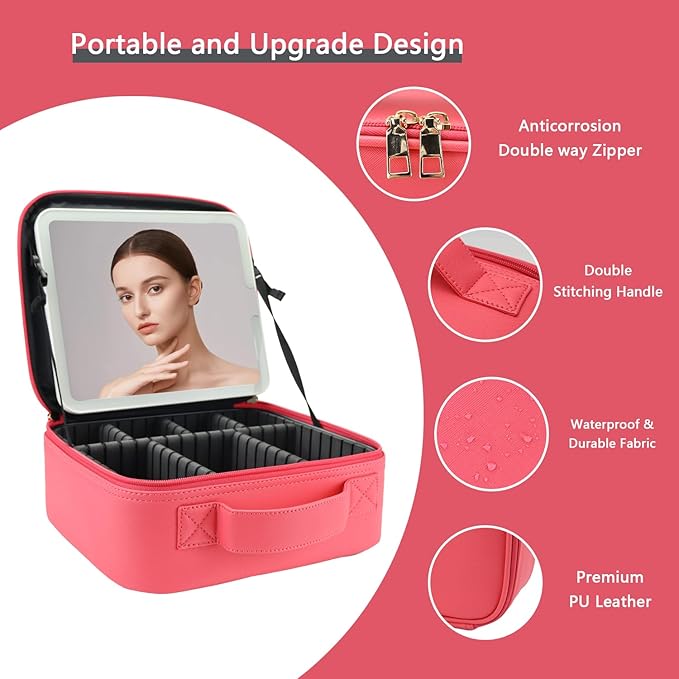 Travel Makeup Bag with LED Lighted Mirror,Cosmetics Organizer, Makeup Bag with 3 Color Lighted Setting, Portable Storage and Adjustable Dividers Travel Makeup Bag(light red)