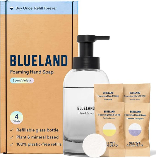 BLUELAND Hand Soap Starter Set Slate, 1 Refillable Glass Foaming Hand Soap Dispenser with 4 Refill Tablets, Iris Agave Scent, 4 x 9 Fl oz