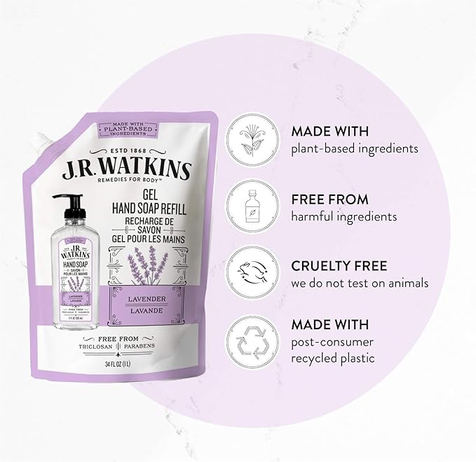 J.R. Watkins Gel Hand Soap Refill Pouch, Scented Liquid Hand Wash for Bathroom or Kitchen, USA Made and Cruelty Free, 34 fl oz, Lavender, 6 Pack