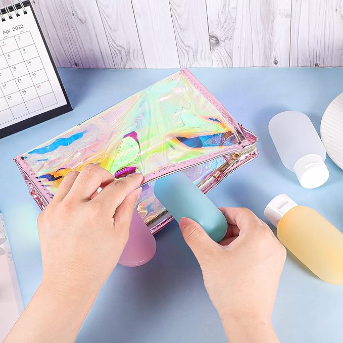 BESARTE 10 Pcs Holographic Makeup Bags Bulk, Mother's Day Gifts for Women Clear Portable Zippered Toiletry Bag Waterproof Cosmetic Bags Wedding Gifts for Bride Bridesmaids