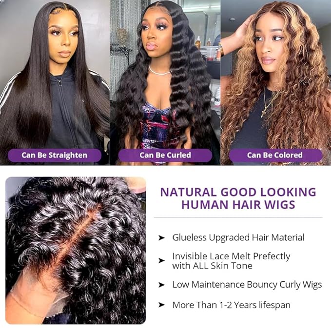 13x6 Deep Wave Lace Front Wigs Human Hair 180% Density Deep Wave Frontal Wigs Human Hair HD Lace 18 Inch Curly Human Hair Wig for Women
