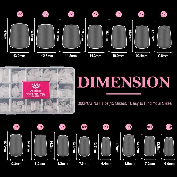 Short Coffin Nail Tips, 360pcs Clear Acrylic Nail Extension Set in 15 Sizes, Matte Short Coffin Full Cover Press on False Nail Tips for Nail Art, Spring Summer DIY Salon Gift