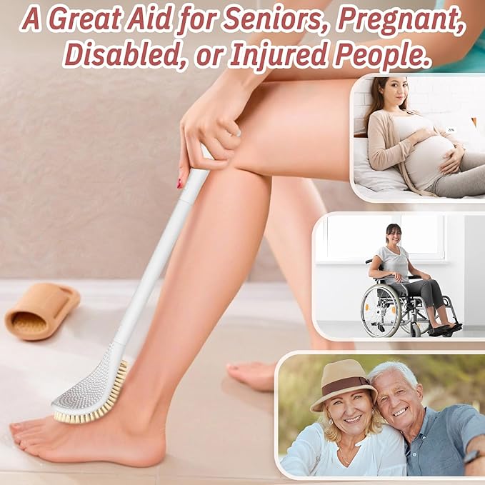 New Foot Brush with Extra-Long Handle, 3-in-1 Foot Scrubber in Shower, 10.2’’-27.5’’Adjustable Foot Scrub Brush and Upgrade Foot File Callus Remover, Gift-Box Packaged(White+Foot File)