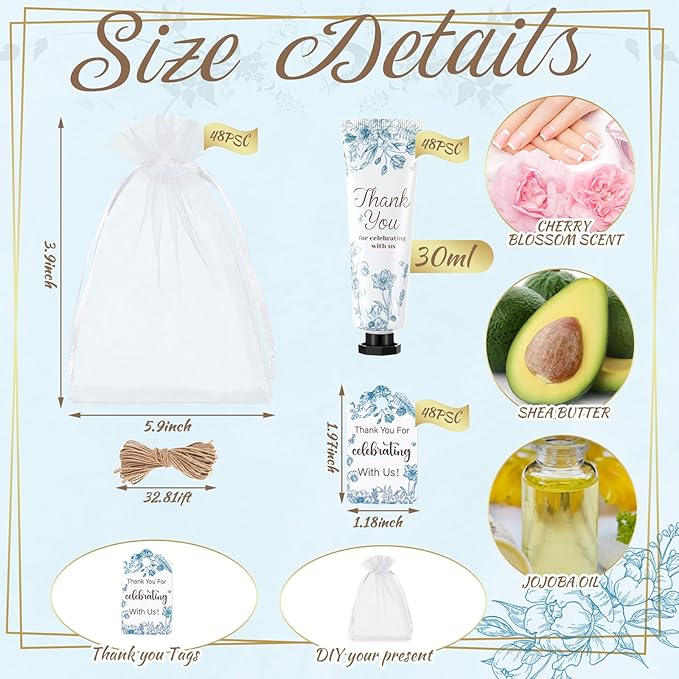 48 Sets Baby Shower Hand Cream Party Favors for Guests Gift Bulk Travel Size Hand Lotion Set for Baby Shower Wedding Christmas(Blue Flower)