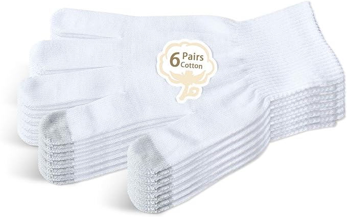 Evridwear Unisex Moisturizing Cotton Gloves with Touchscreen Fingertips for Eczema Beauty Cosmetic Dry Hands Sensitive Irritated Skin Therapy Overnight Bedtime, 6 Pairs, Lightweight-White, XS