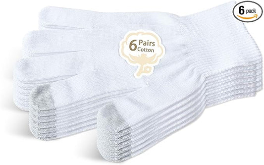 Evridwear Unisex Moisturizing Cotton Gloves with Touchscreen Fingertips for Eczema Beauty Cosmetic Dry Hands Sensitive Irritated Skin Therapy Overnight Bedtime, 6 Pairs, Lightweight-White, L/XL