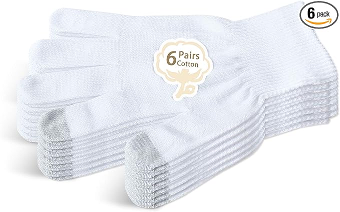 Evridwear Unisex Moisturizing Cotton Gloves with Touchscreen Fingertips for Eczema Beauty Cosmetic Dry Hands Sensitive Irritated Skin Therapy Overnight Bedtime, 6 Pairs, Lightweight-White, S/M