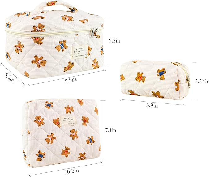 3Pcs Makeup Bag Cotton Quilted Travel Cosmetic Bag Cute Floral Makeup Pouch Large Toiletry Bag for Women Girls