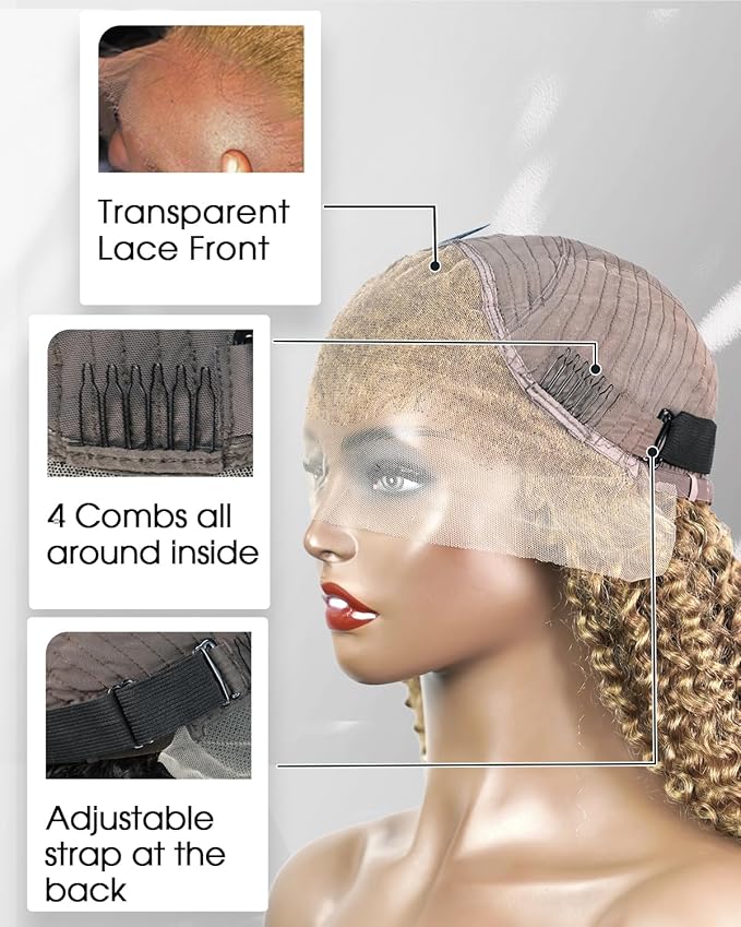 4C Edges HD Lace Front Wig Human Hair Honey Blonde Kinky Curly Wig, 13x4 Lace Frontal Kinkycurly Wigs with 4C Kinky Edges Hairline Pre-Plucked 180% Density 18 inch