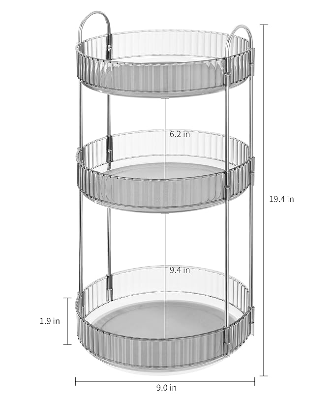 360 Rotating Makeup Organizer Clear Gray 3 Tier Bathroom Organizer Spinning Perfume Organizers, Skincare Organizers Dresser Organizer Makeup Carousel with Silver Handle Cosmetic Brush Storage