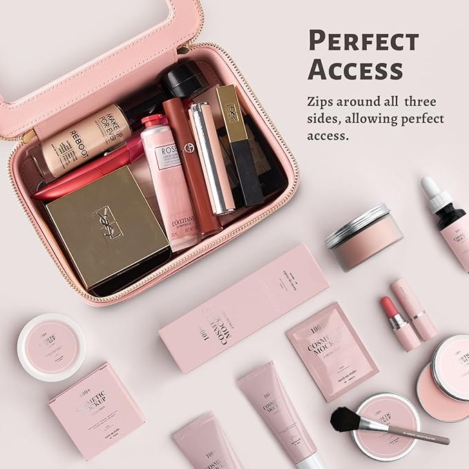 Aveniee Clear Makeup Bag Organizer, Portable Travel Toiletry Cosmetic Bag Case for Women, Heavy Duty Make Up Pouch with Transparent Vinyl Windows & Gold Zippers(Pink)