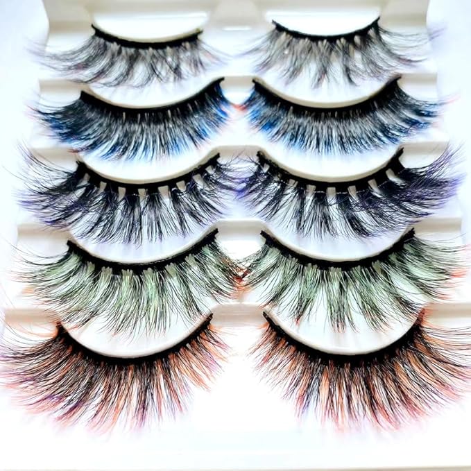 Ombre Colored Silk Protein Fluffy Wispy Volume False Eyelashes for Halloweens, Cosplay, Party & Stage - 5 Pairs (Black, 5 Count)