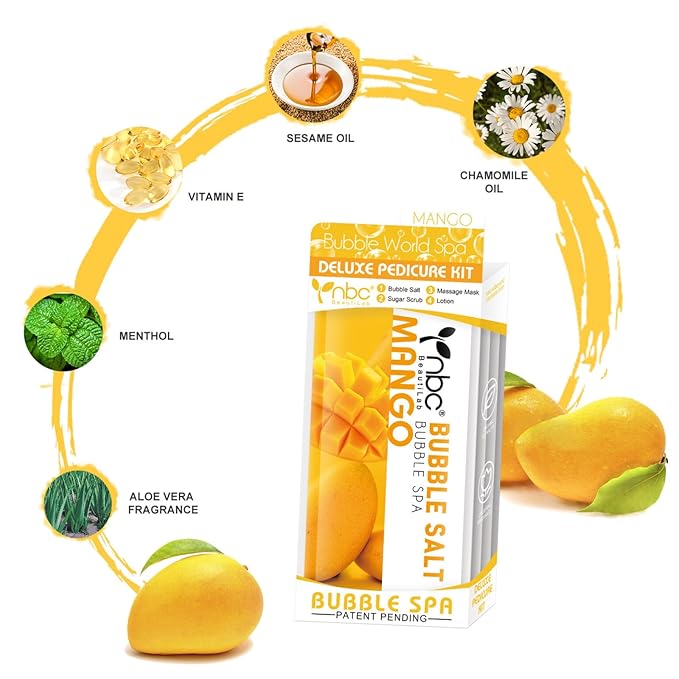 Pedicure Kit Foot Soak Set: Bubble Salt, Sugar Scrub, Massage Mask, Massage Lotion in a Box, 4 Step Foot Spa Kit for Dry Feet,Tired Feet （1 Set Mango)
