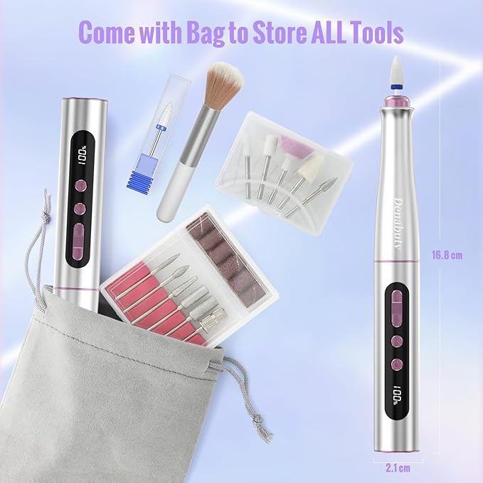 Cordless Electric Nail Drill Machine, 13 in 1 Nail File Kit 35000RPM Professional Portable Rechargeable E File for Acrylic Polish Gel Removal Manicure Pedicure Set with 5 Speeds DN-2402