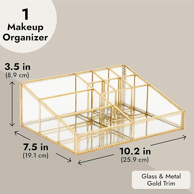 Glass Makeup Organizer with Gold Trim for Vanity, Cosmetic Storage (10.2 x 7.5 x 3.5 In)