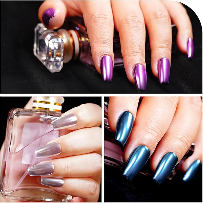 Chrome Nail Powder Metallic Mirror Pigment Dust for Gel Manicure Nail Art Decoration Silver Gold Red Purple Blue Brown 6 Colors Kit 0.5g/Jar (TA 6 Pcs Set-02)