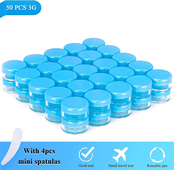 50PCS 3 Gram Sample Containers, 3ml Empty Jars with Lids, Small Cosmetic Containers, Mini Sample Jars with 4PCS Mini Spatulas for Make Up, Oils, Lotion, Powder, Paint, Jewelry, Lip Balms(Blue Lid)