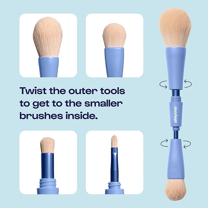 Alleyoop Overachiever 4-in-1 Travel Makeup Brush Set – Powder, Blending, Precision & Complexion Brushes – Mini Makeup Brush for Women, Vegan, Multi-Use & Travel-Friendly Makeup Tool