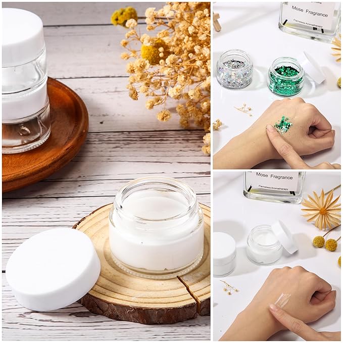Domensi 60 Pcs 1oz Glass Jars with Lids Bulk Salve Tins Small Glass Candle Cosmetic Jars for Travel with Inner Liners Containers for Lotions Sample Cream(Clear, White Lid)