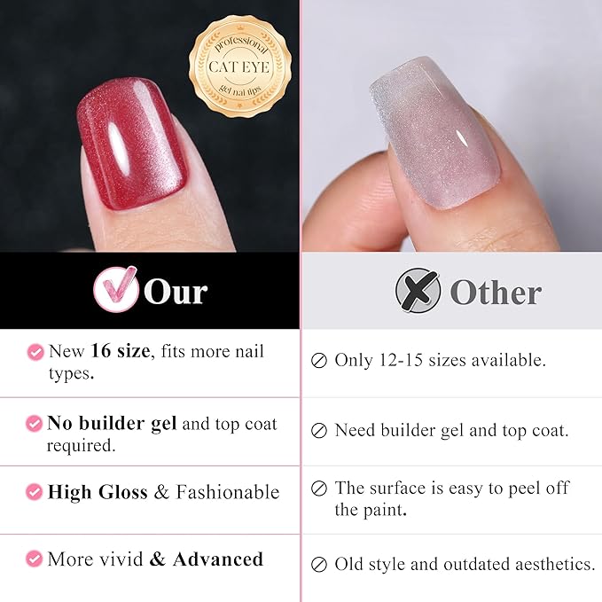 Wine Red Cat Eye Christmas Press on Nails Short - Translucent Red, Jofay Fashion 5 Set Short Square Fake Nails Acrylic False Nails Reusable Full Cover Stick on Nails for Women Girls Gift